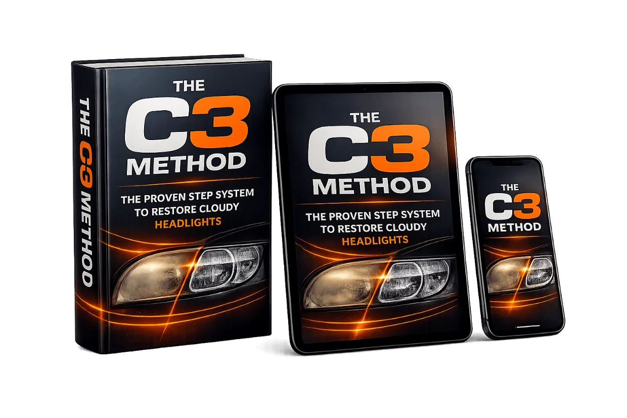 The C3 Method — ebook, tablet and phone showing the headlight restoration course