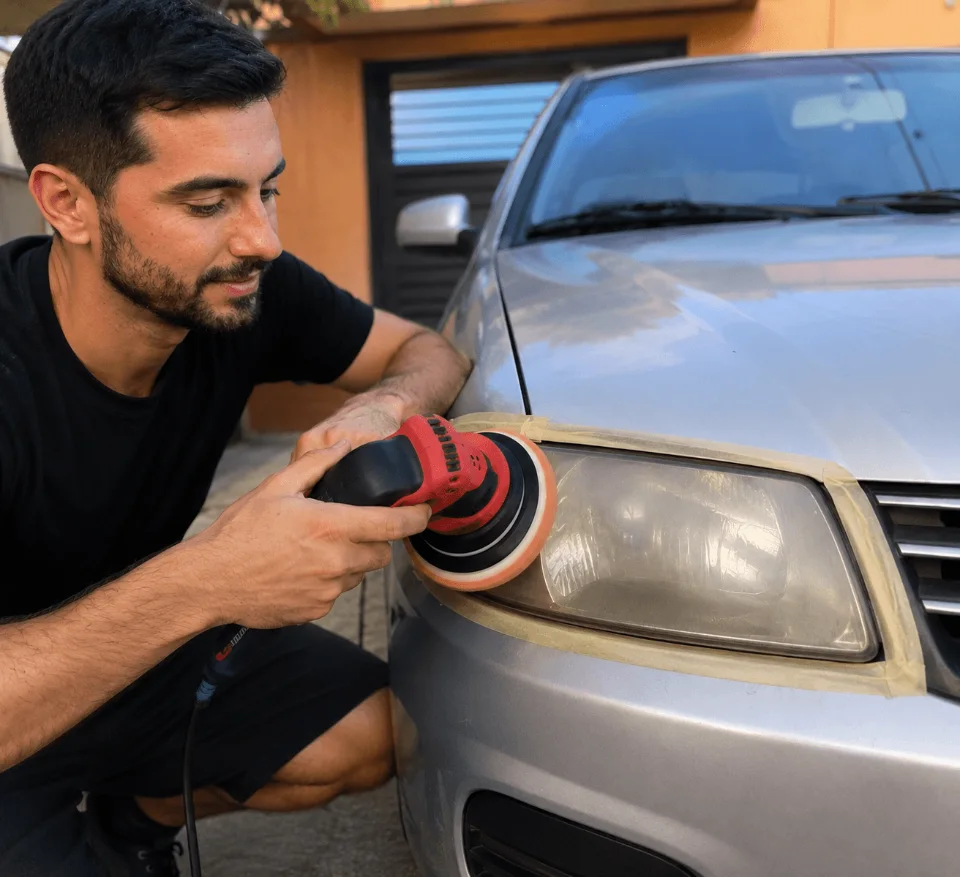 Rafael Moretti restoring a headlight with a polisher